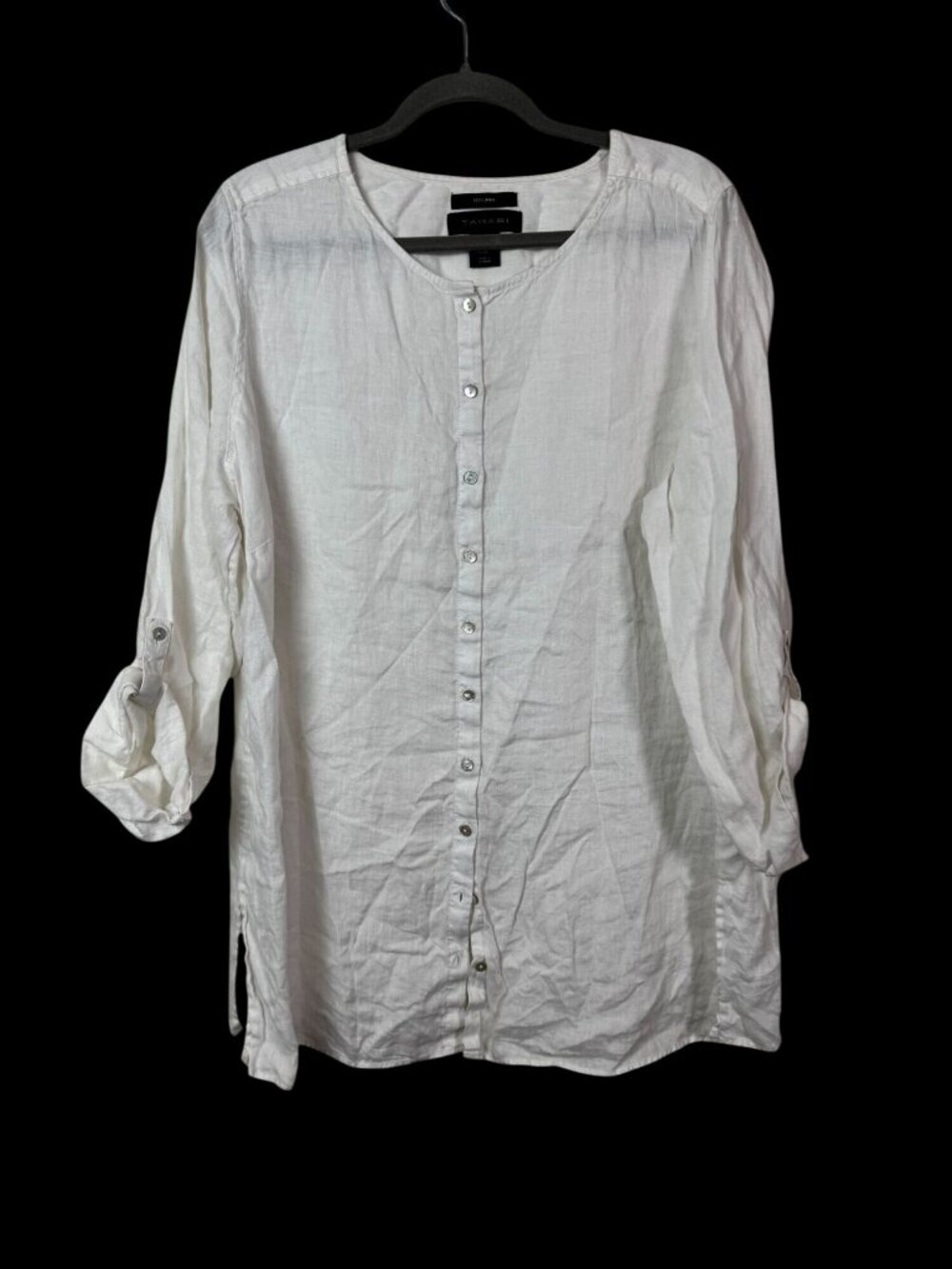 Tahari Womens White Linen Button-Down Tunic Size 1X Roll-Tab Sleeves Lightweight
